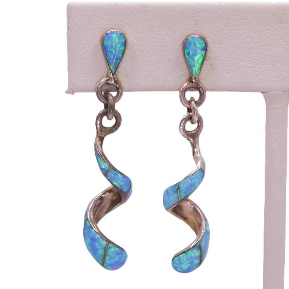 Vintage Andrew Dewa Zuni Signed Spiral Opal Sterling Silver Earrings